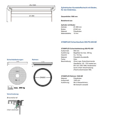 Stabiflex NW800 Kunststoffdeckel Tagwasserdicht verschraubt zu "Rehau" Schachtsystem 